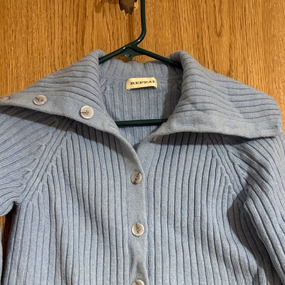 REPEAT Stylish Blue Ribbed Cardigan 100% merino Wool  (looks like a size medium) - Picture 3 of 9